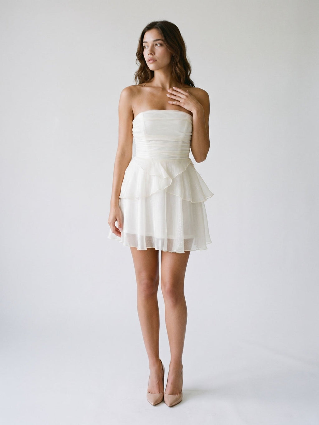 White Tulle A-Line Straight Neck Back Zip Short Dress with Cascading Ruffles - Curvevia