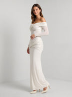 White Tulle Column Off-the-Shoulder Backless Floor-Length Formal Dress with Sequins - Curvevia