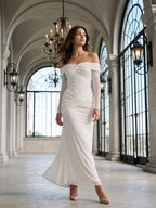 White Tulle Column Off-the-Shoulder Backless Floor-Length Formal Dress with Sequins - Curvevia