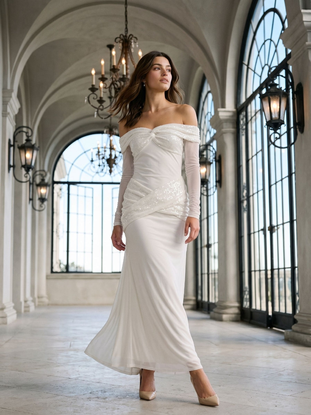 White Tulle Column Off-the-Shoulder Backless Floor-Length Formal Dress with Sequins - Curvevia