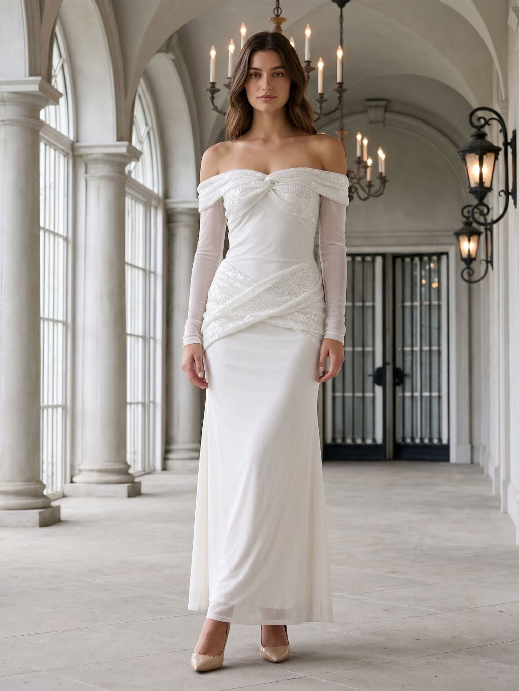 White Tulle Column Off-the-Shoulder Backless Floor-Length Formal Dress with Sequins - Curvevia