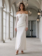 White Tulle Column Off-the-Shoulder Backless Floor-Length Formal Dress with Sequins - Curvevia