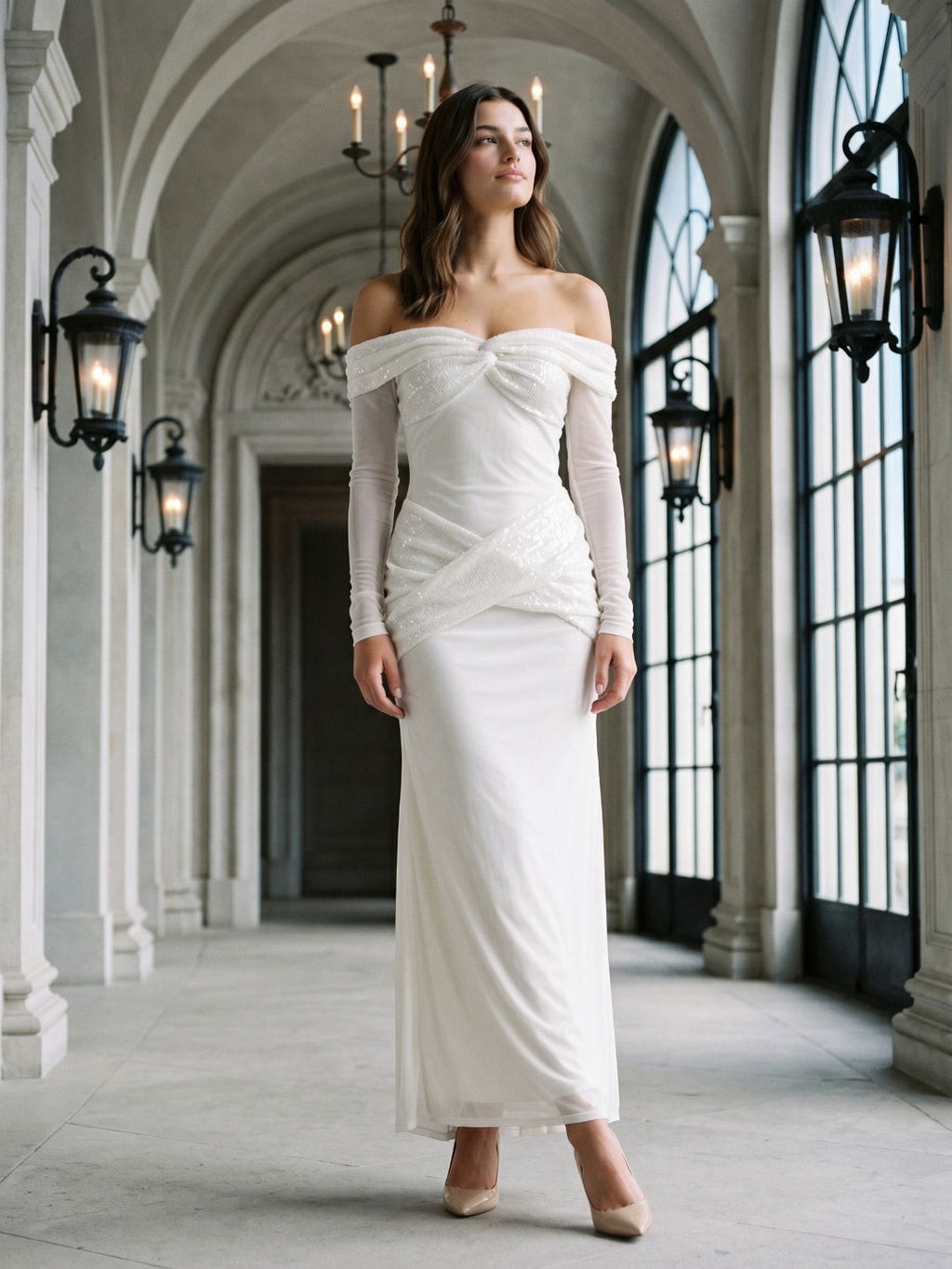 White Tulle Column Off-the-Shoulder Backless Floor-Length Formal Dress with Sequins - Curvevia
