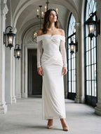 White Tulle Column Off-the-Shoulder Backless Floor-Length Formal Dress with Sequins - Curvevia