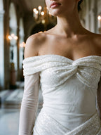 White Tulle Column Off-the-Shoulder Backless Floor-Length Formal Dress with Sequins - Curvevia