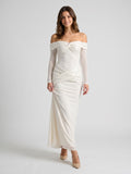 White Tulle Column Off-the-Shoulder Backless Floor-Length Formal Dress with Sequins - Curvevia