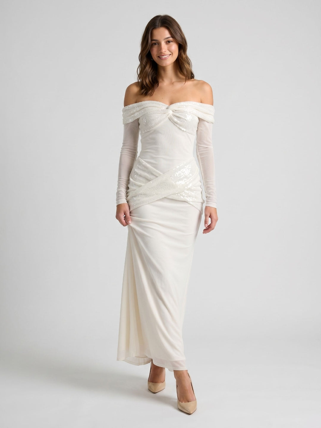 White Tulle Column Off-the-Shoulder Backless Floor-Length Formal Dress with Sequins - Curvevia