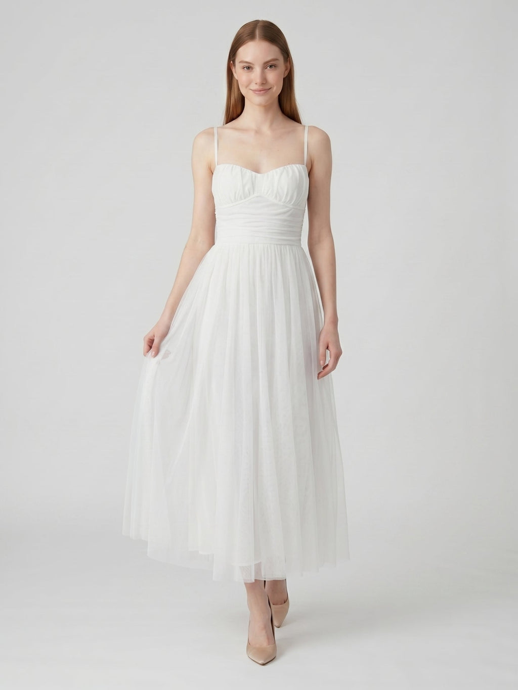 White Tulle A-Line Straight Neck Backless Ankle-Length Bridesmaid Dress - Curvevia