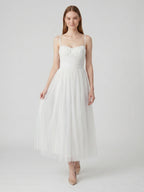 White Tulle A-Line Straight Neck Backless Ankle-Length Bridesmaid Dress - Curvevia