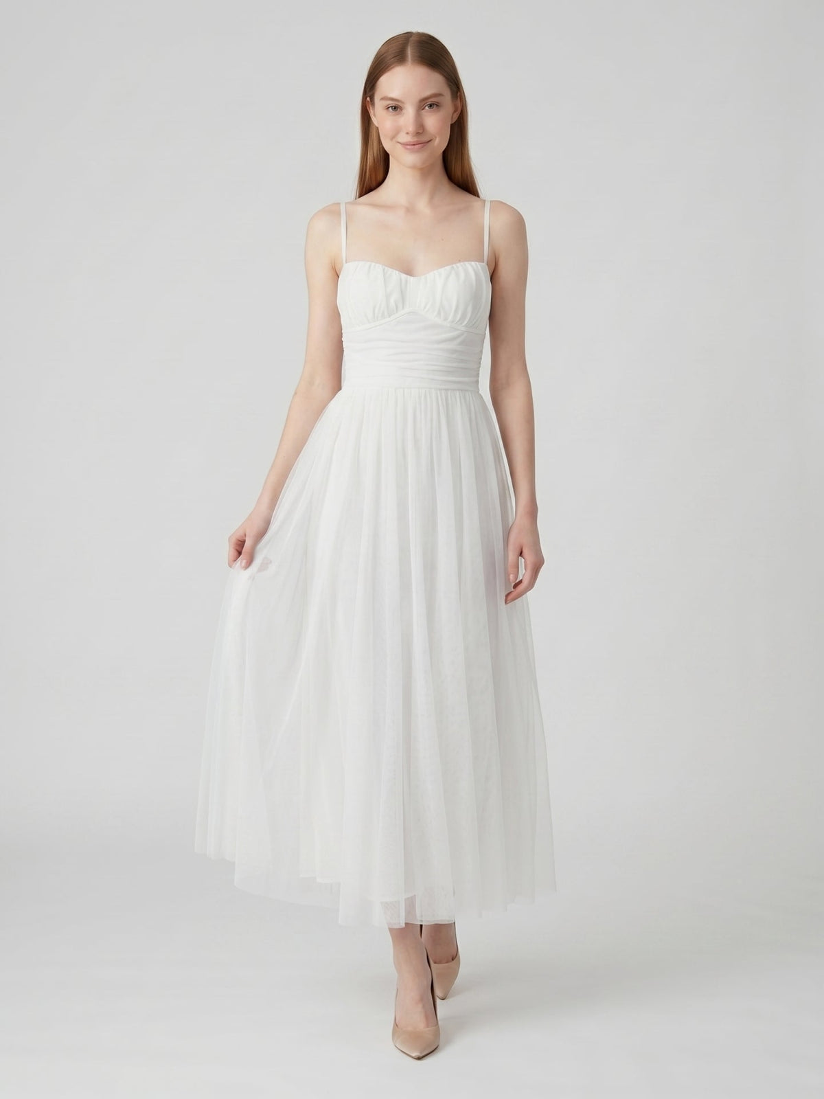 White Tulle A-Line Straight Neck Backless Ankle-Length Bridesmaid Dress - Curvevia
