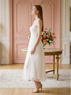White Tulle A-Line Straight Neck Backless Ankle-Length Bridesmaid Dress - Curvevia