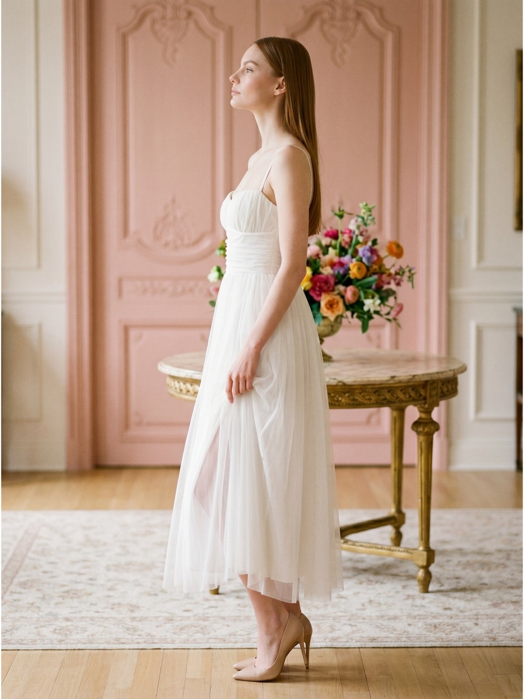 White Tulle A-Line Straight Neck Backless Ankle-Length Bridesmaid Dress - Curvevia
