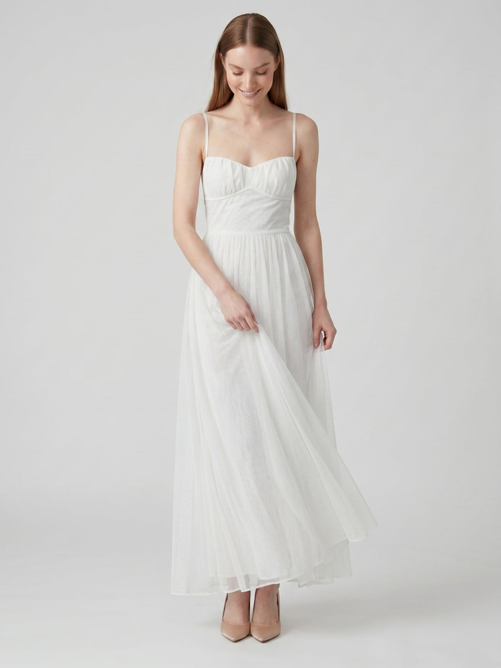 White Tulle A-Line Straight Neck Backless Ankle-Length Bridesmaid Dress - Curvevia