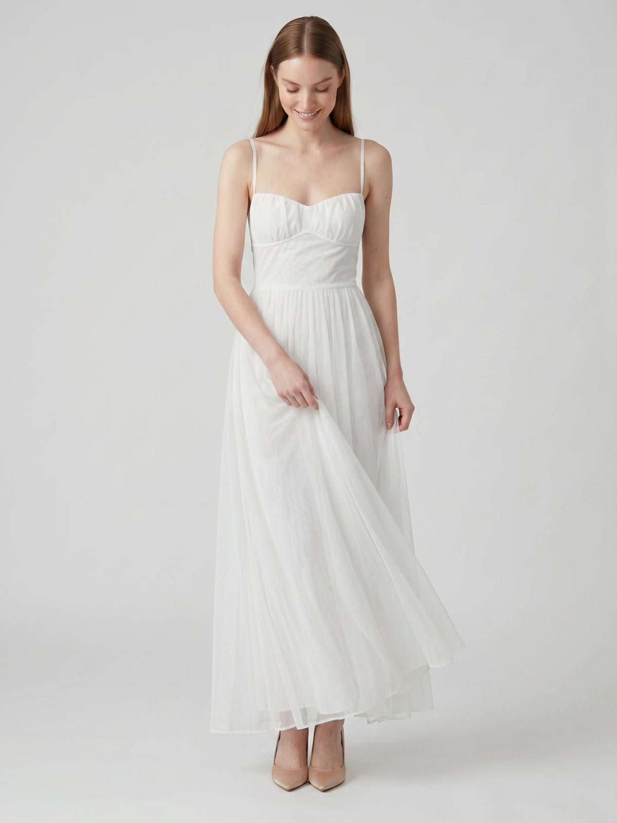 White Tulle A-Line Straight Neck Backless Ankle-Length Bridesmaid Dress - Curvevia