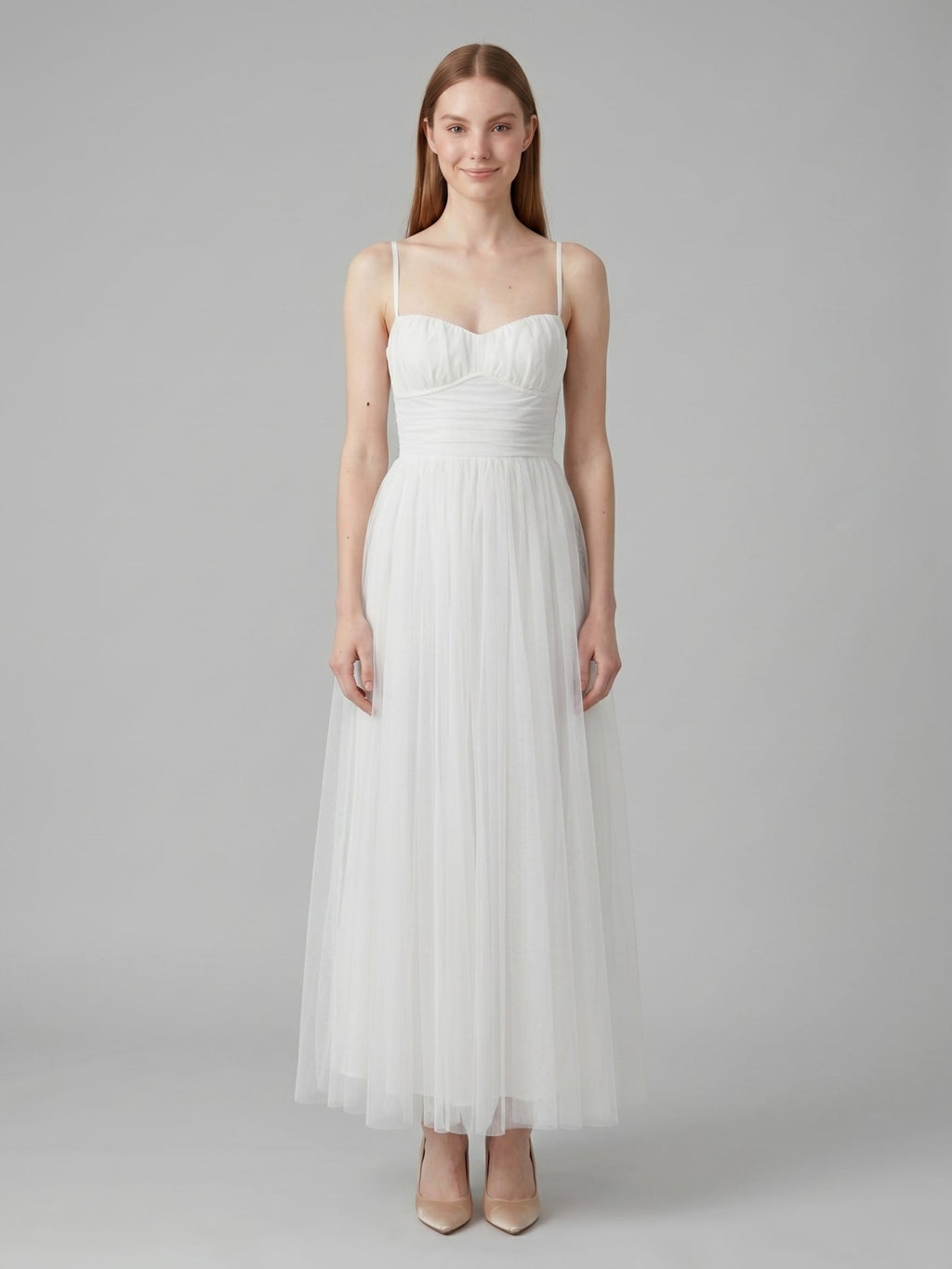 White Tulle A-Line Straight Neck Backless Ankle-Length Bridesmaid Dress - Curvevia