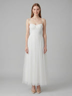 White Tulle A-Line Straight Neck Backless Ankle-Length Bridesmaid Dress - Curvevia