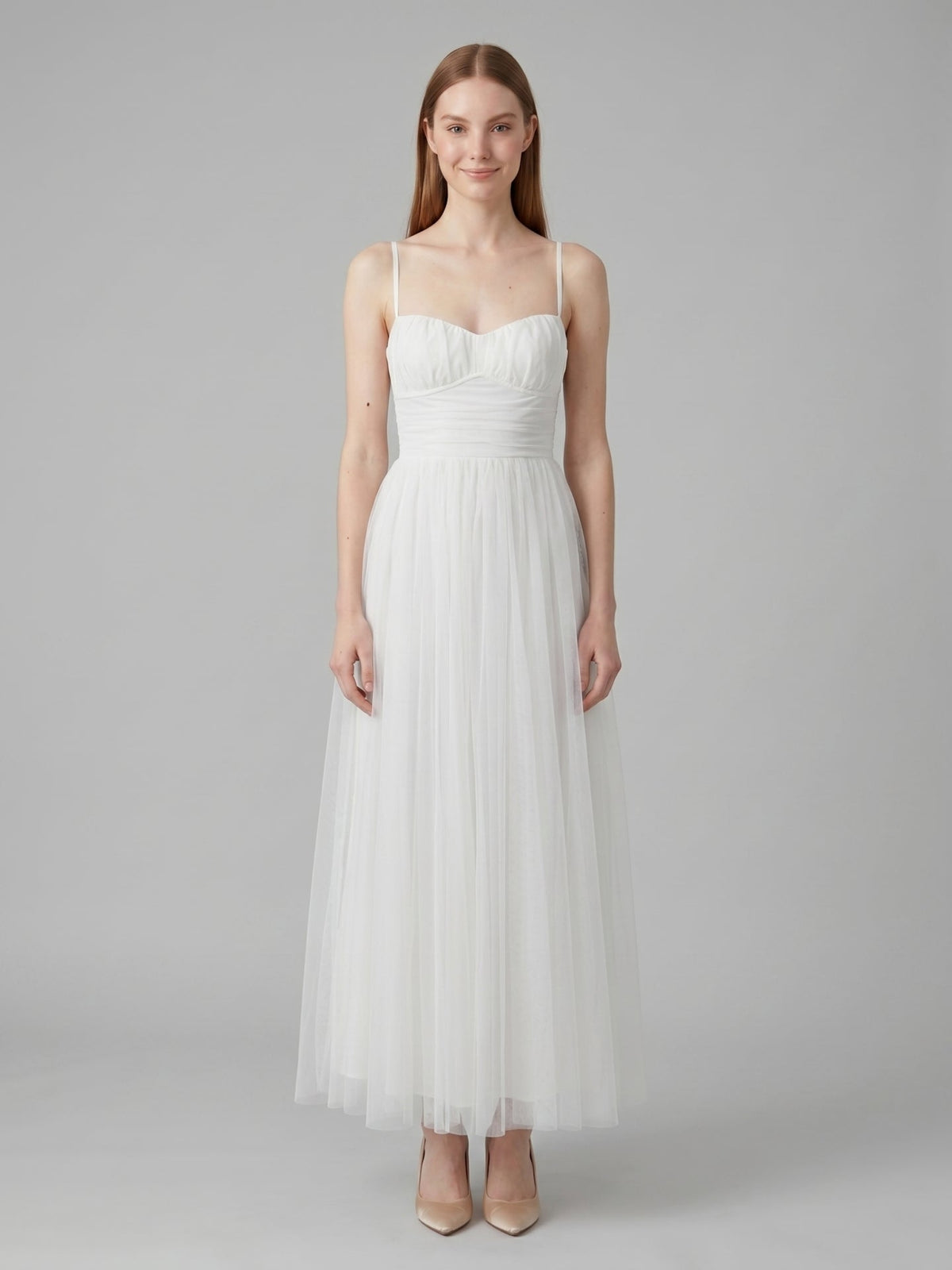 White Tulle A-Line Straight Neck Backless Ankle-Length Bridesmaid Dress - Curvevia