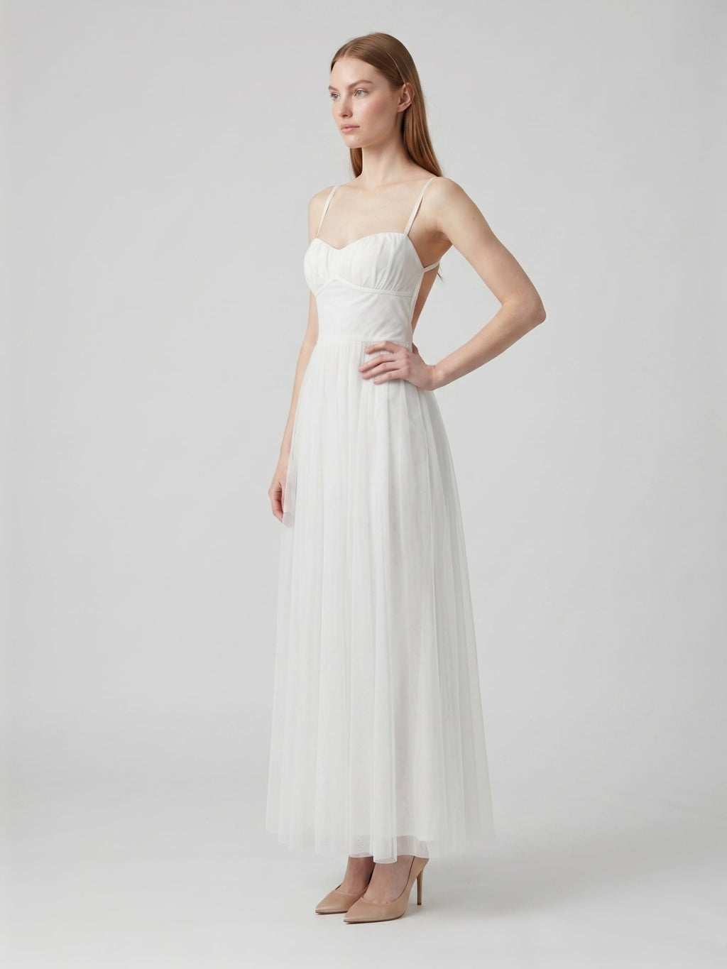 White Tulle A-Line Straight Neck Backless Ankle-Length Bridesmaid Dress - Curvevia