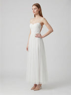 White Tulle A-Line Straight Neck Backless Ankle-Length Bridesmaid Dress - Curvevia