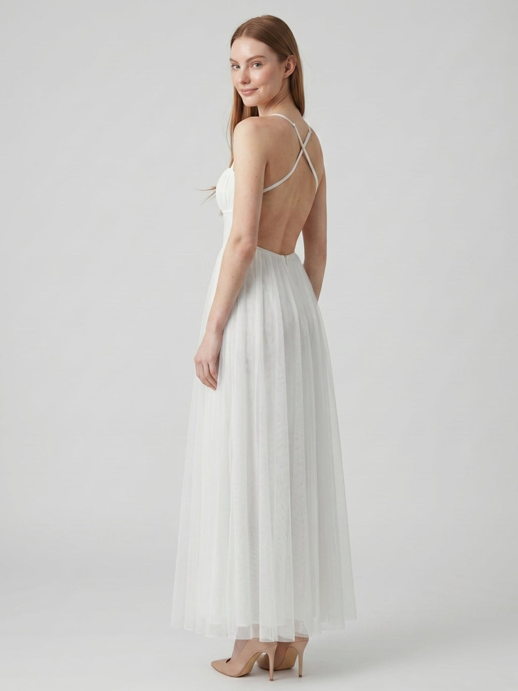 White Tulle A-Line Straight Neck Backless Ankle-Length Bridesmaid Dress - Curvevia