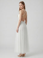White Tulle A-Line Straight Neck Backless Ankle-Length Bridesmaid Dress - Curvevia