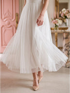 White Tulle A-Line Straight Neck Backless Ankle-Length Bridesmaid Dress - Curvevia