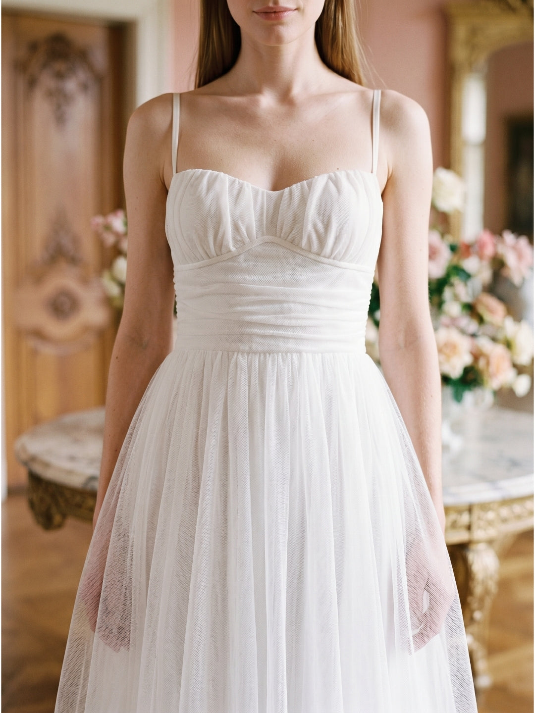 White Tulle A-Line Straight Neck Backless Ankle-Length Bridesmaid Dress - Curvevia