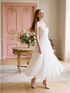 White Tulle A-Line Straight Neck Backless Ankle-Length Bridesmaid Dress - Curvevia