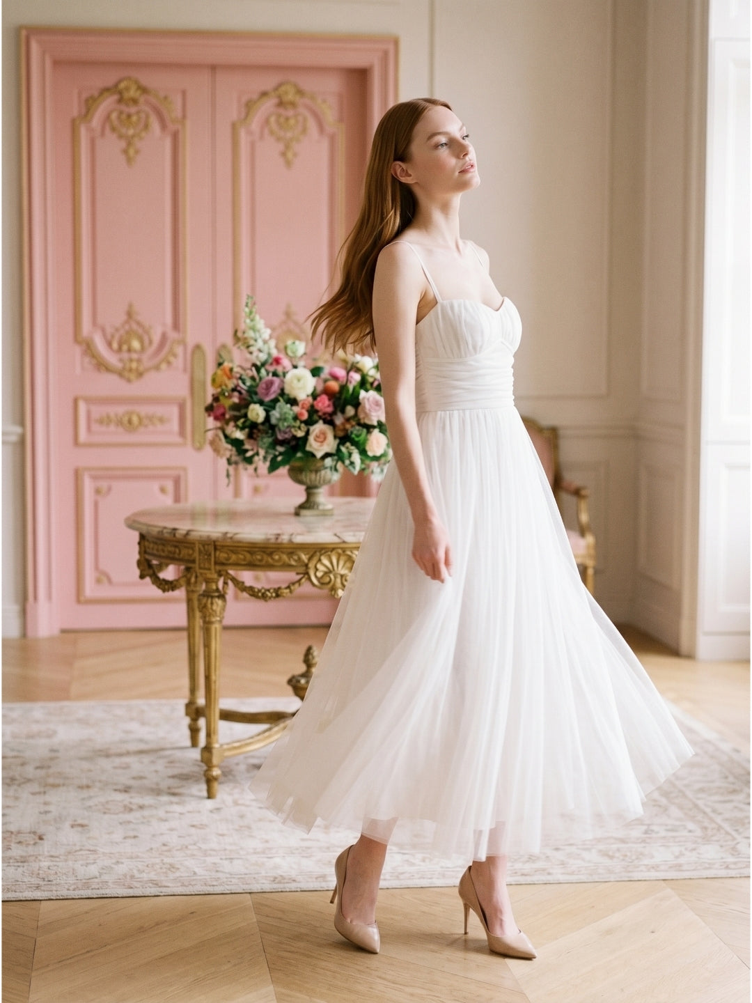 White Tulle A-Line Straight Neck Backless Ankle-Length Bridesmaid Dress - Curvevia