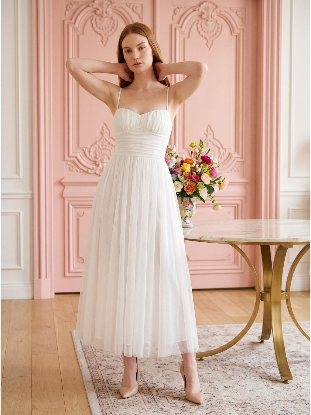 White Tulle A-Line Straight Neck Backless Ankle-Length Bridesmaid Dress - Curvevia