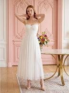 White Tulle A-Line Straight Neck Backless Ankle-Length Bridesmaid Dress - Curvevia