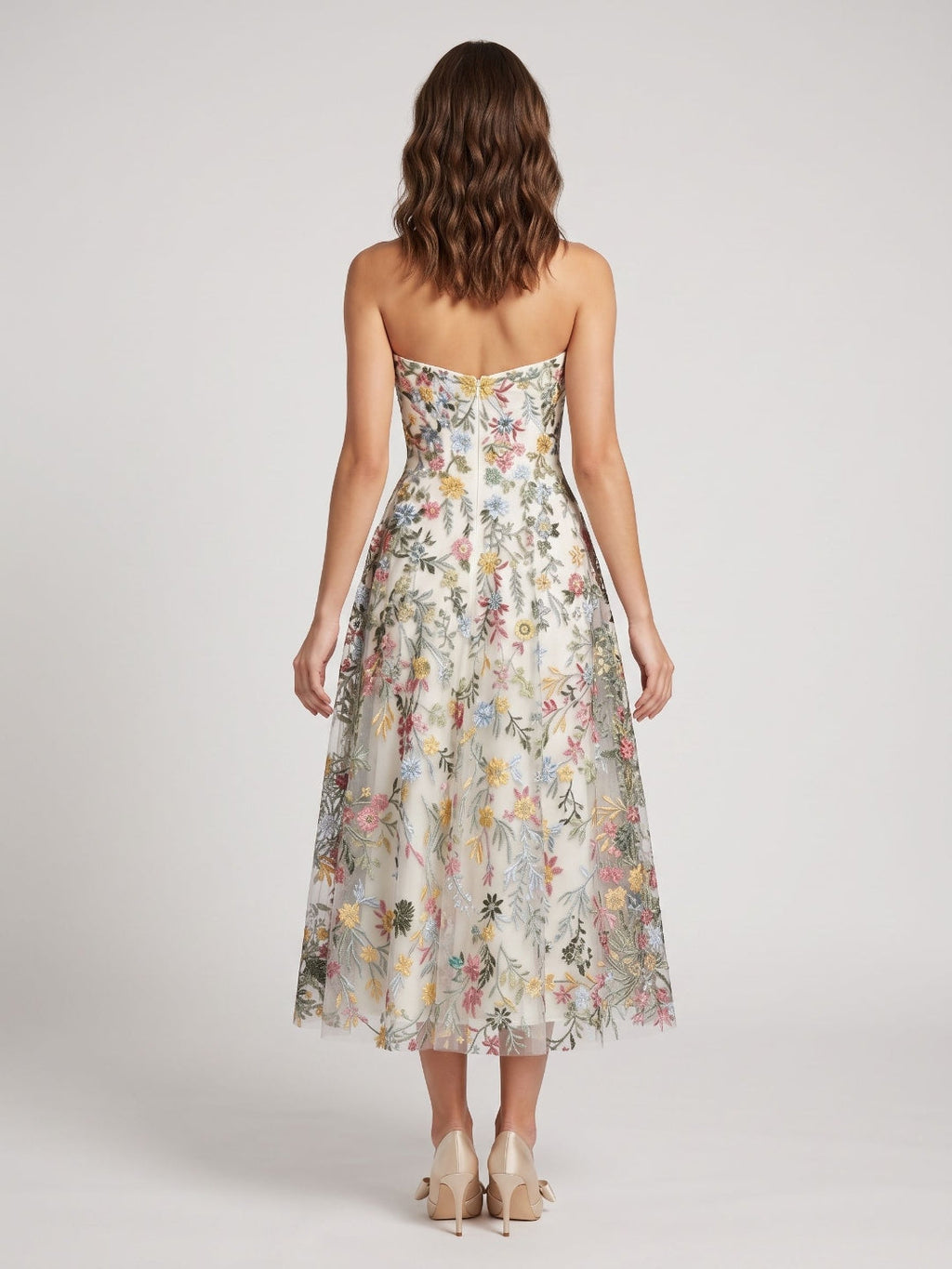 Mauve Floral Tulle A-Line Sweetheart Zipper Back Midi Dress - Curvevia