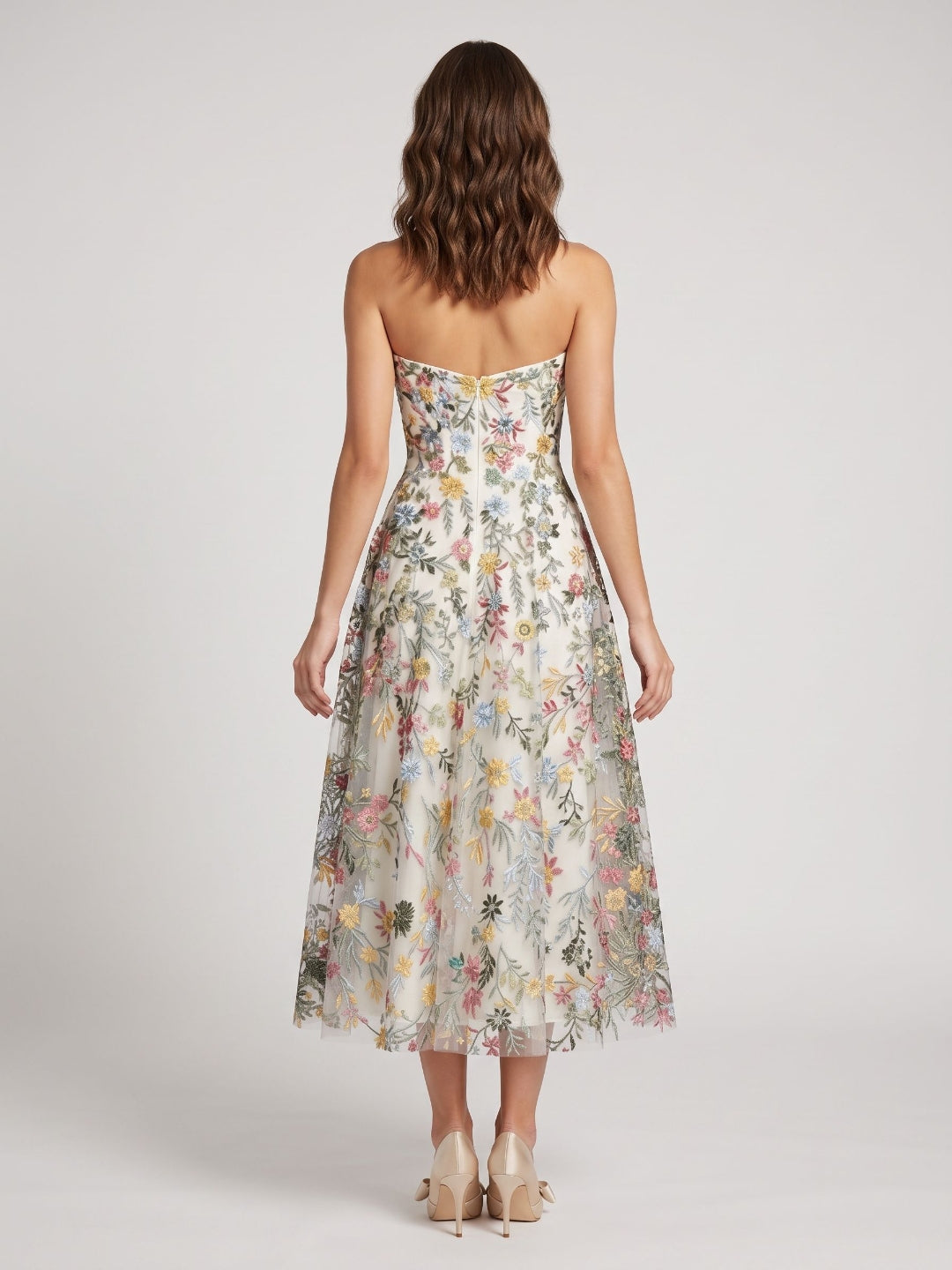 Mauve Floral Tulle A-Line Sweetheart Zipper Back Midi Dress - Curvevia