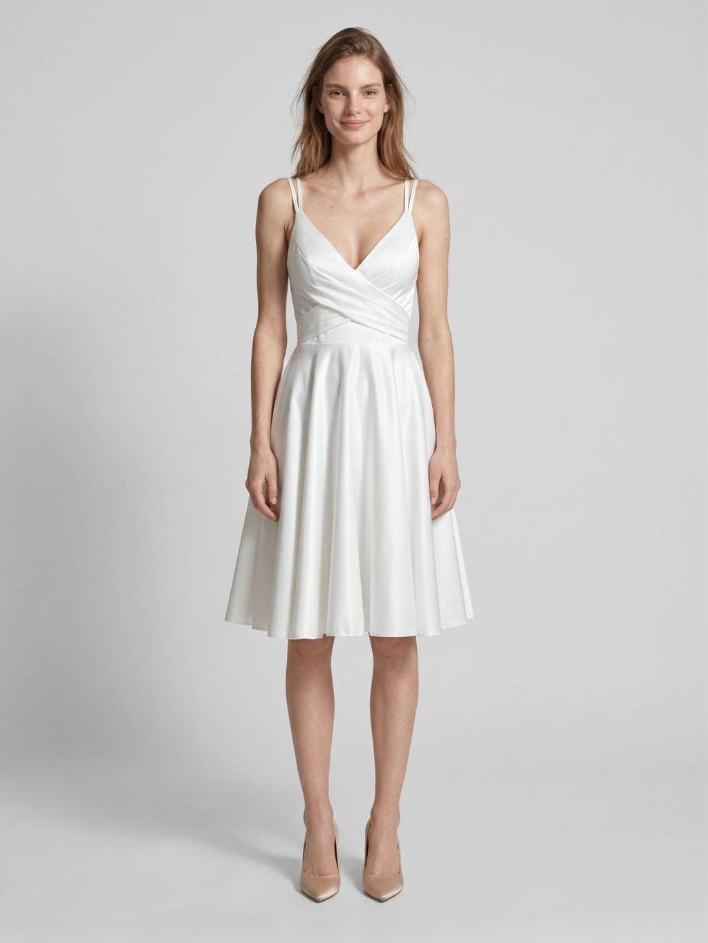 White satin A-Line V-Neck Back Zip Knee-Length Pleated Bridesmaid Dress - Curvevia