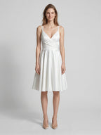 White satin A-Line V-Neck Back Zip Knee-Length Pleated Bridesmaid Dress - Curvevia