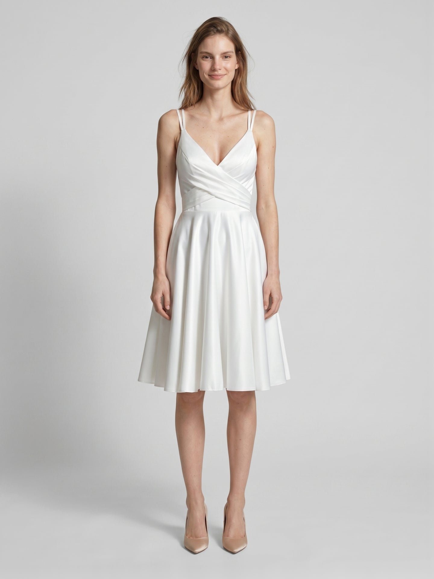 White satin A-Line V-Neck Back Zip Knee-Length Pleated Bridesmaid Dress - Curvevia