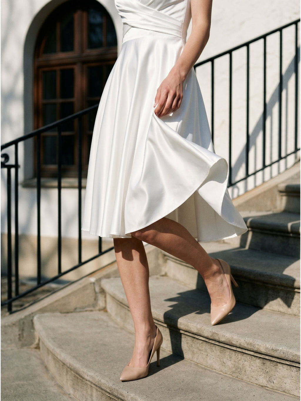 White satin A-Line V-Neck Back Zip Knee-Length Pleated Bridesmaid Dress - Curvevia