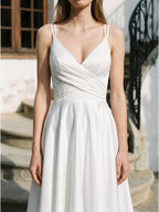 White satin A-Line V-Neck Back Zip Knee-Length Pleated Bridesmaid Dress - Curvevia
