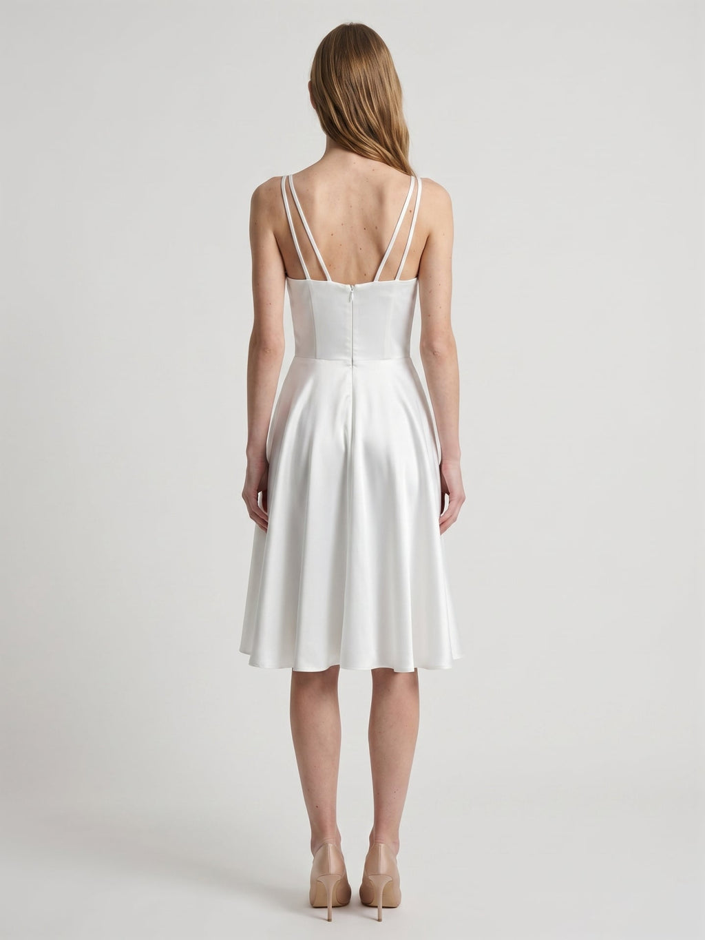 White satin A-Line V-Neck Back Zip Knee-Length Pleated Bridesmaid Dress - Curvevia