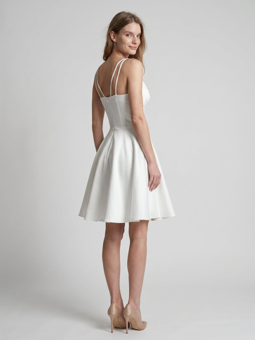 White satin A-Line V-Neck Back Zip Knee-Length Pleated Bridesmaid Dress - Curvevia