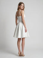 White satin A-Line V-Neck Back Zip Knee-Length Pleated Bridesmaid Dress - Curvevia