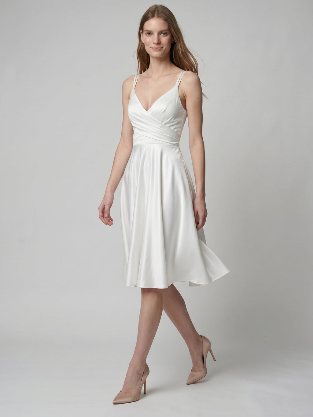 White satin A-Line V-Neck Back Zip Knee-Length Pleated Bridesmaid Dress - Curvevia