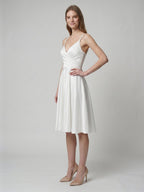 White satin A-Line V-Neck Back Zip Knee-Length Pleated Bridesmaid Dress - Curvevia
