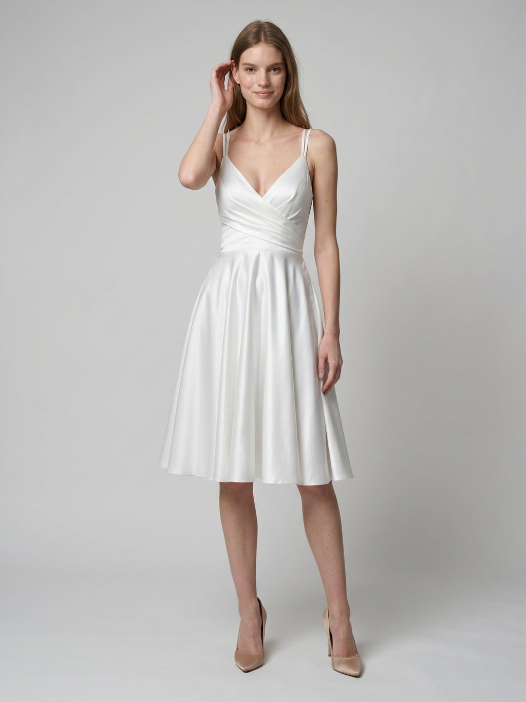 White satin A-Line V-Neck Back Zip Knee-Length Pleated Bridesmaid Dress - Curvevia