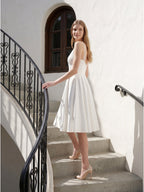 White satin A-Line V-Neck Back Zip Knee-Length Pleated Bridesmaid Dress - Curvevia
