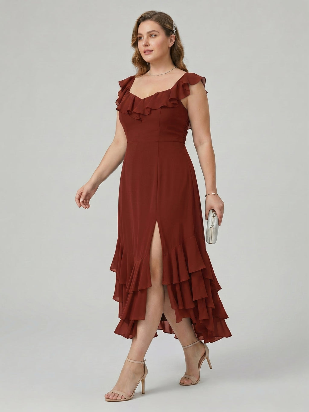 Boho Wine Chiffon A-Line V-Neck Backless Asymmetrical Plus Size Length Bridesmaid Dress with Cascading Ruffles - Curvevia