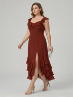 Boho Wine Chiffon A-Line V-Neck Backless Asymmetrical Plus Size Length Bridesmaid Dress with Cascading Ruffles - Curvevia