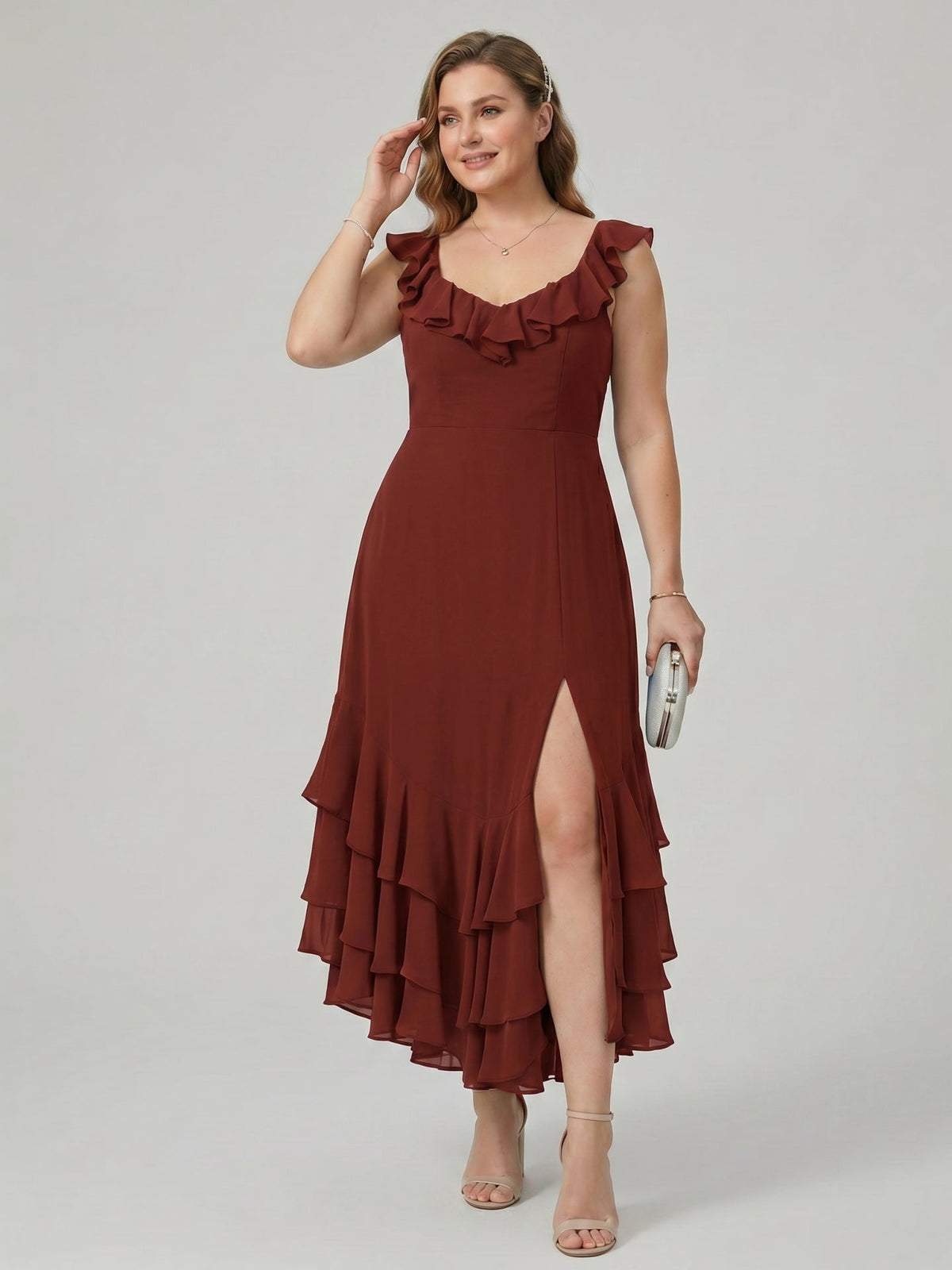 Boho Wine Chiffon A-Line V-Neck Backless Asymmetrical Plus Size Length Bridesmaid Dress with Cascading Ruffles - Curvevia