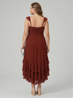 Boho Wine Chiffon A-Line V-Neck Backless Asymmetrical Plus Size Length Bridesmaid Dress with Cascading Ruffles - Curvevia