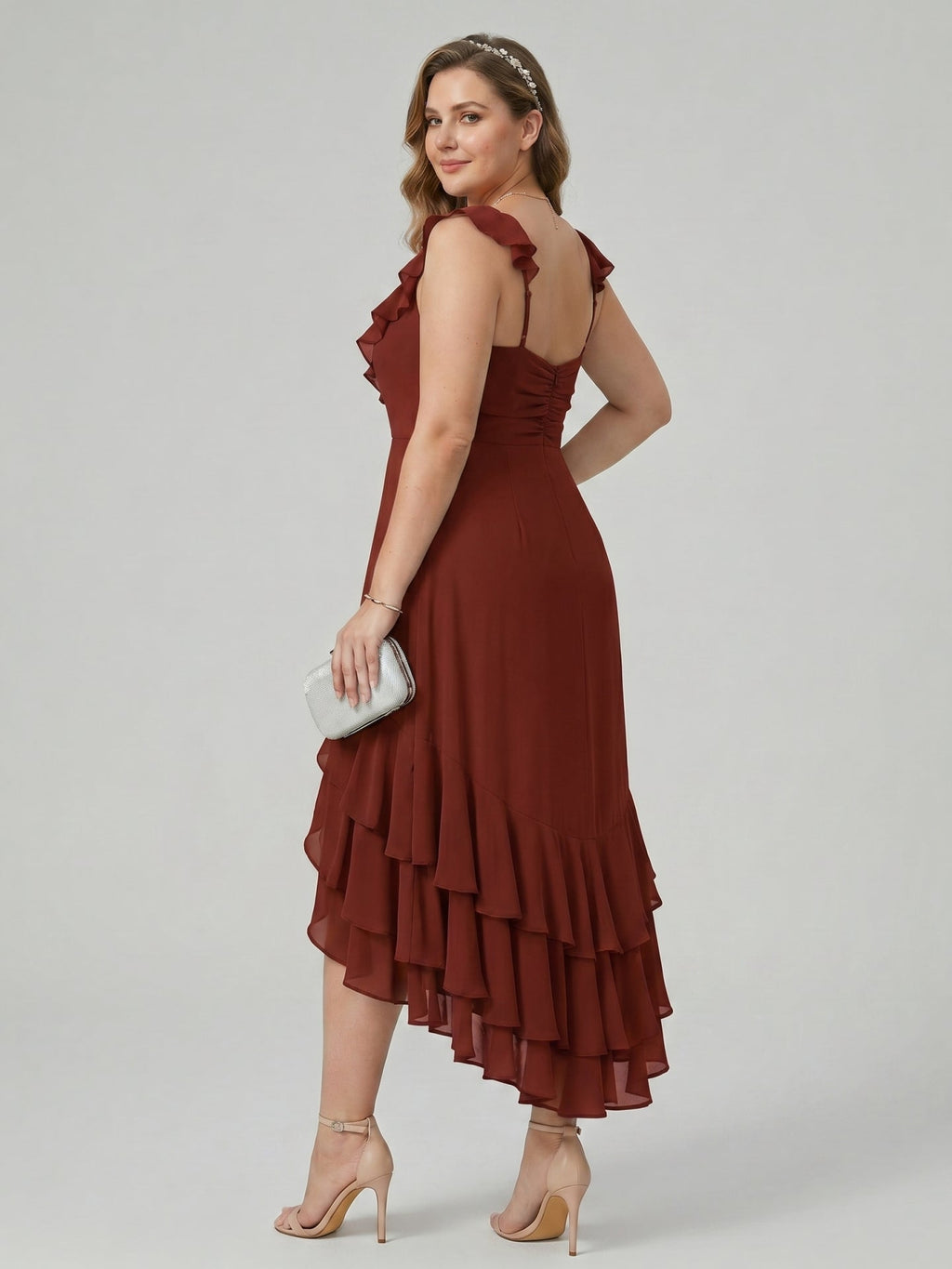 Boho Wine Chiffon A-Line V-Neck Backless Asymmetrical Plus Size Length Bridesmaid Dress with Cascading Ruffles - Curvevia